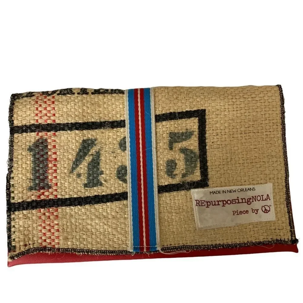 REpurposingNOLA Clutch Tan Red‎ Womens Repurposed Burlap Upcycled Boho